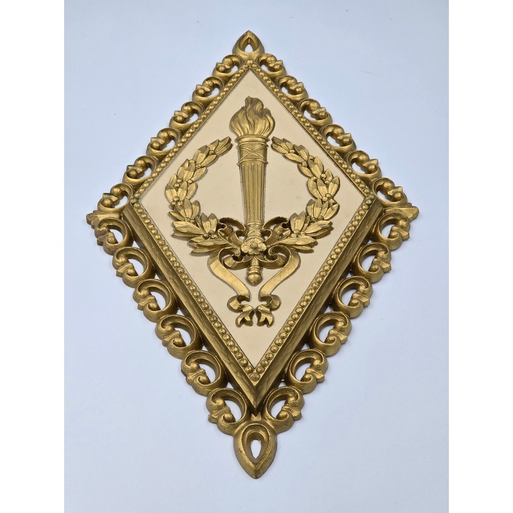 Vintage HOMCO 1971 Gold‎ Laurel Wreath Torch Plaque Wall Hanging MCM Decor Made